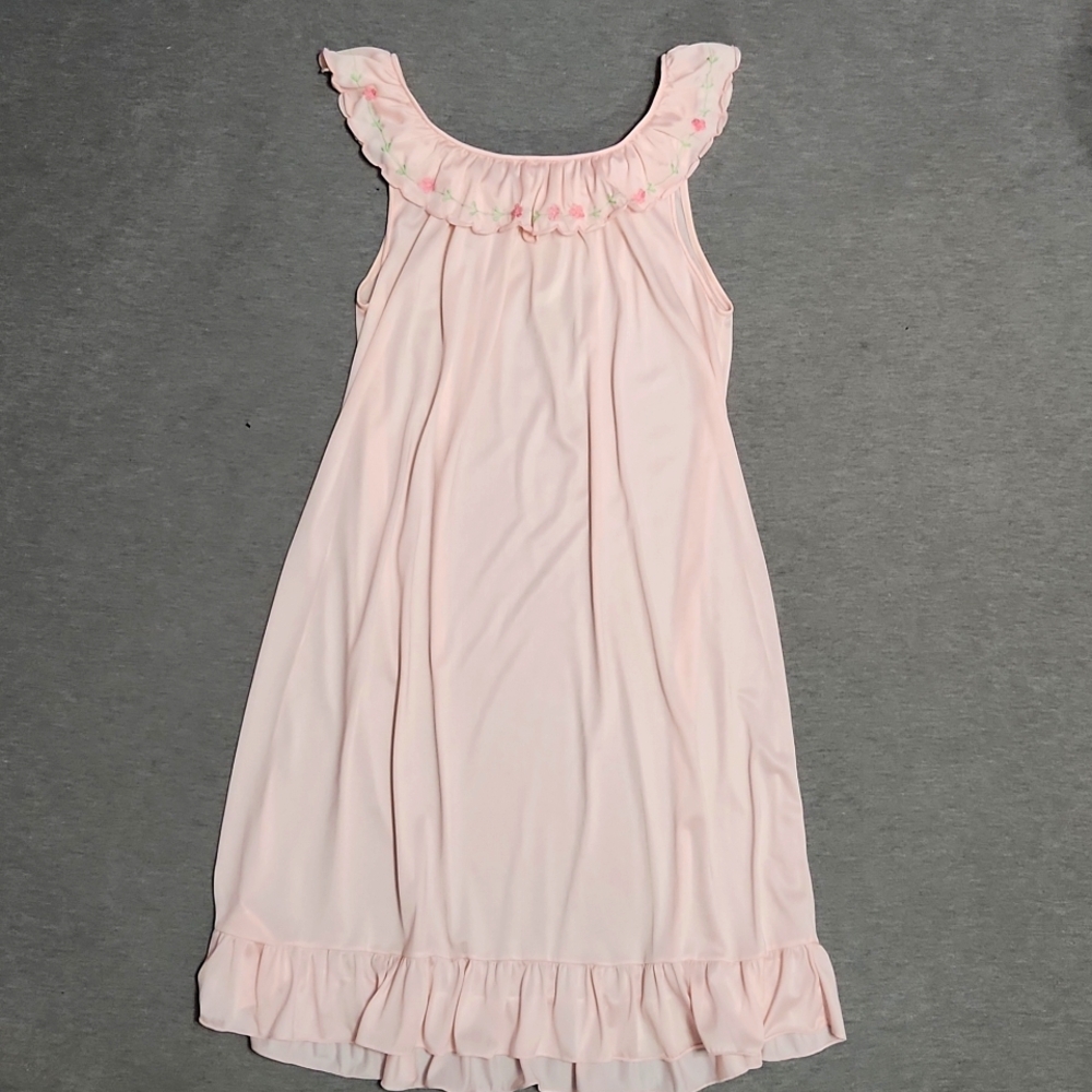 Vintage Ruffle Satin Floral Embroidered Lingerie Chemise Nightgown Slip Dress - Picture 5 of 10